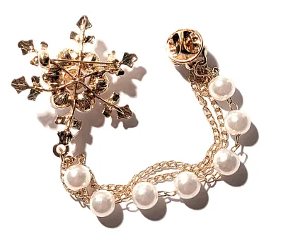 **NEW ARRIVAL** White Faux PEARLS SNOWFLAKE CHAIN BROOCH (1½" Diam.) with Chain (3¾") and Button 6 Tiny Pearls on a Gold Tone...