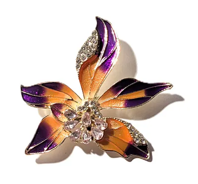 **NEW ARRIVAL** Beautiful ORANGE & PURPLE FLOWER" BROOCH (2" x 2") with Lavender Colored Center Stones and Jeweled...