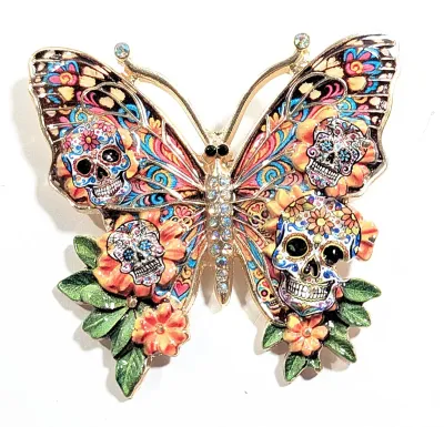 **NEW ARRIVAL** Ceramic MULTICOLOR SKULL BUTTERFLY BROOCH (2" x 2") with 4 SKULLS on the Wings, Clear Stones Body &...
