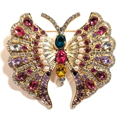 **NEW ARRIVAL** Beautiful Multicolored Jeweled BUTTERFLY BROOCH (2¼" x 2") with Green, Magenta and Amber Colored Body Stones...
