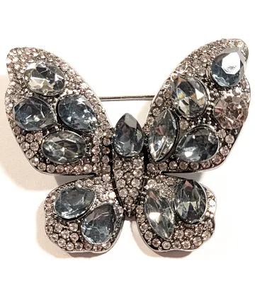 **NEW ARRIVAL** All GRAY STONES BUTTERFLY BROOCH (1¾" x 1½") with Large Gray Teardrop Beveled Stones and Tiny Accent Body...