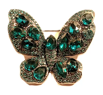 **NEW ARRIVAL** All GREEN STONES BUTTERFLY BROOCH (1¾" x 1½") with Large Green Teardrop Beveled Stones and Tiny Accent Body...