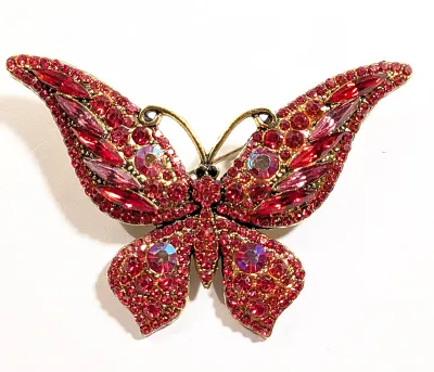 **NEW ARRIVAL** Very RED BUTTERFLY BROOCH (2¾" x 1¾") with Red "Slender Marquise Cut" Accent Stones, Black Eyes and 4...