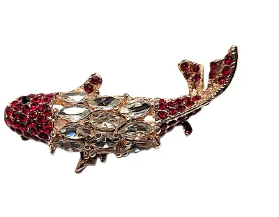 **NEW ARRIVAL** Small Red Jeweled GOLDFISH BROOCH (1¾" x ¾") with Clear Stones Top on a Gold Tone Setting