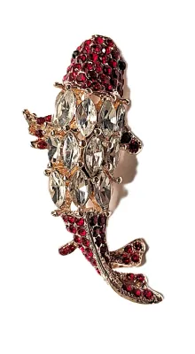 **NEW ARRIVAL** Small Red Jeweled GOLDFISH BROOCH (1¾" x ¾") with Clear Stones Top on a Gold Tone Setting
