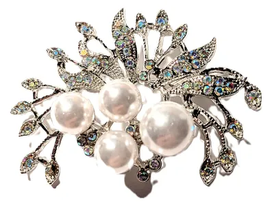 **NEW ARRIVAL** Iridescent Multicolor Stones FLOWER BOUQUET BROOCH (2¼" x 1½") with 4 Large Faux Pearls Iridescent Stones Spray...