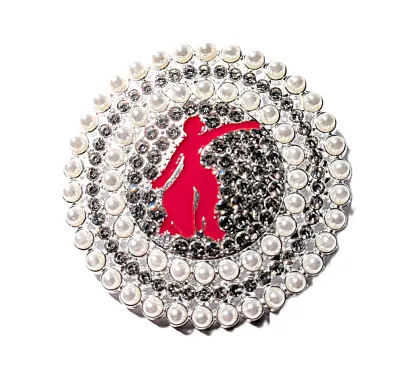 **NEW ARRIVAL** Interesting "RED DANCER on a CIRCLE OF PEARLS" BROOCH (1¾" Diam.) Rows of Small Faux White Pearls on a...