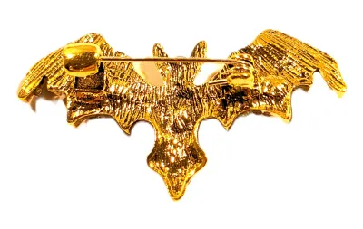 **NEW ARRIVAL** GREEN Bejeweled BAT BROOCH (2" x 1") with Out-Stretched Wings, Green Oval Center Stone and Black Eyes on a Gold...