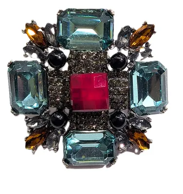 **NEW ARRIVAL** Light GREEN Rectangle Beveled Glass Stones BROOCH (2" x 2") with RED Center Stone, Black "Pearls" and...