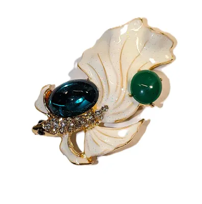 **NEW ARRIVAL** White Enameled "KOI" FISH BROOCH (2¼" x 1") with Green Oval Glass Stone & Green Cabochon Stone +...
