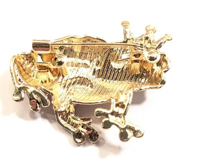 **NEW ARRIVAL** GREEN Ceramic "King" FROG BROOCH (1¾" x 1¼") with Jeweled Gold Colored Crown, White Belly and Orange...