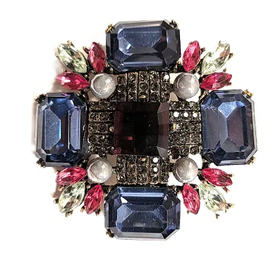 **NEW ARRIVAL** Dark BLUE Rectangle Beveled Glass Stones BROOCH (2" x 2") with Purple Center Stone, Gray "Pearls" and...