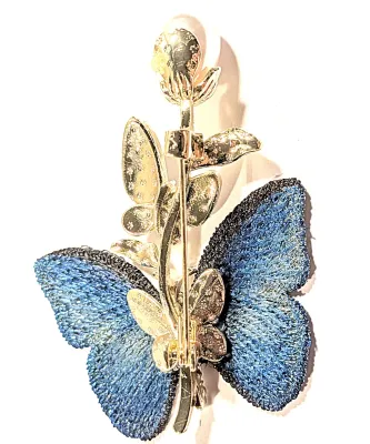 **NEW ARRIVAL** BLUE "SOFT WING" BUTTERFLY BROOCH (2½" x 2") with Cloth Wings, Large Faux Pearl. Black Stones Leaf...