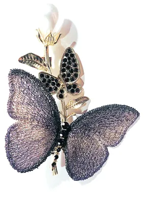 **NEW ARRIVAL** PURPLE "SOFT WING" BUTTERFLY BROOCH (2½" x 2") with Cloth Wings, Large Faux Pearl. Black Stones Leaf...