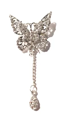 **NEW ARRIVAL** All Silver Colored JEWELED BUTTERFLY BROOCH (2½" x 1⅛") with 2 Dangle Accents on a Silver Tone Setting