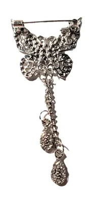 **NEW ARRIVAL** All Silver Colored JEWELED BUTTERFLY BROOCH (2½" x 1⅛") with 2 Dangle Accents on a Silver Tone Setting