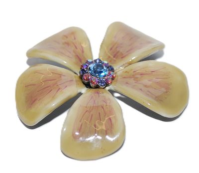 Ceramic Deep BEIGE & RED STREAKS FLOWER BROOCH (2" Diam.) with Center Circle of Multicolor Iridescent Stones and Silver Tone Pin