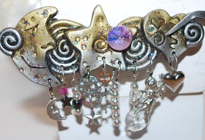 Large HEARTS, STARS & MOONS BROOCH (3¾" x 2¼") with Baubles and Dangles on a Black Enameled Setting