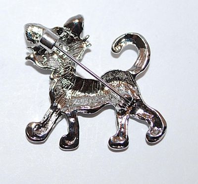 Clear Stones Jeweled CAT BROOCH (1¼" x 1⅛") with Black Eyes on a SILVER TONE Setting