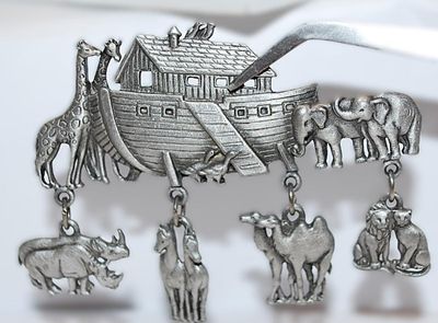 Silver Tone NOAH'S ARK BROOCH (2¾" x 2") - Marked "©JJ" with Rhinos, Horses, Lions and Giraffe Dangle Accents