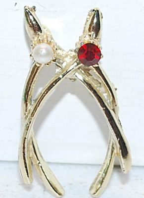 Double "WISH BONES" BROOCH (1½" x ¾") with Faux White Pearl & Cranberry Red Round Stone Accents and Gold Tone...