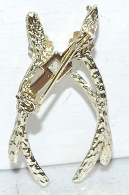 Double "WISH BONES" BROOCH (1½" x ¾") with Faux White Pearl & Cranberry Red Round Stone Accents and Gold Tone...