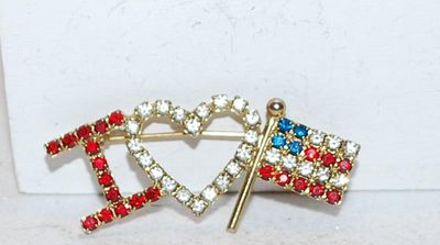 "I LOVE USA" FLAG BROOCH (2" x ¾") on a Gold Tone Setting