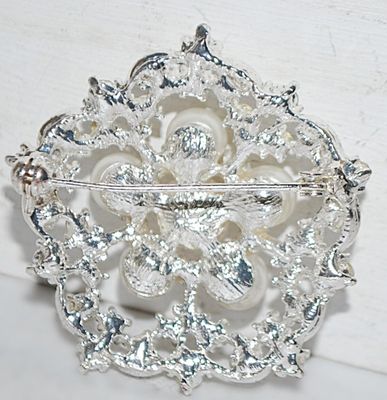 Circle of 6 Faux White PEARLS BROOCH (1¾" Diam.) and a Glitter of Stones Surround on a Silver Tone Wire-Style Setting