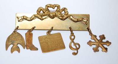 Happy Birthday CHARMS BAR BROOCH (2¼" x 1¼") with Fish, Boot, G Clef, Star and Present on a Gold Tone Setting