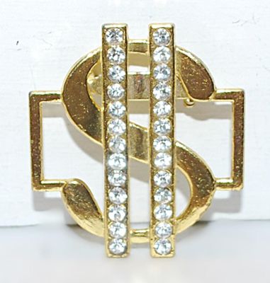 Gold Color DOLLAR SIGN BROOCH (1½" x 1¼") with 2 Vertical Rows of Round Clear Stones on a Gold Tone Setting