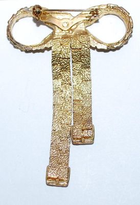 Large Brass-Style BOWTIE BROOCH (3" x 2") with Segmented Movable Dangle Ribbons on a Dark "Brass" Setting