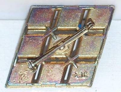 VINTAGE Marked "AJC" BLUE & BEIGE 9 SQUARE BROOCH (2¼" x 1¾") with Amber Colored Center Stone on a Gold Tone Setting