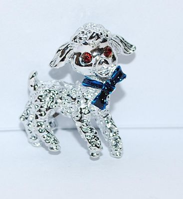 BABY LAMB BROOCH (1" x 1") with Red Eyes and Blue Ribbon Collar on a Siver Tone Setting