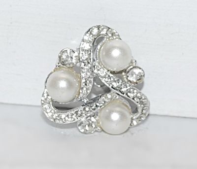 VINTAGE 3 Faux PEARL BROOCH (1" Diam.) with Swirled Rows of Clear Accent Stones on a Silver Tone Setting