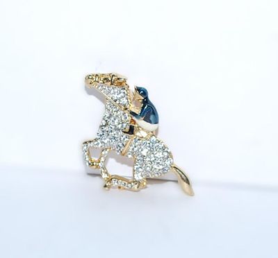 Petite Bejeweled "Jockey & Race Horse" BROOCH (1½" x 1") on a Gold Tone Setting