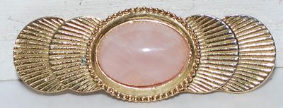PINK Oval Quartz-Style Cabochon BROOCH (2" x ¾") on a Gold Tone Coin-Like Setting
