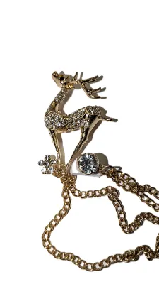 Bejeweled "Black-Eyed DEER" BROOCH (6" x 1½") with Large Round Beveled CLEAR Stone + Gold Tone CHAIN + Setting