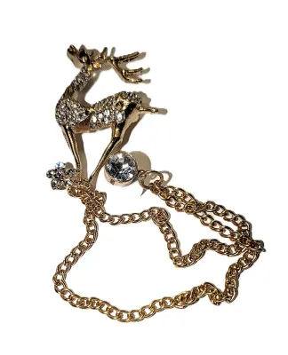Bejeweled "Black-Eyed DEER" BROOCH (6" x 1½") with Large Round Beveled CLEAR Stone + Gold Tone CHAIN + Setting
