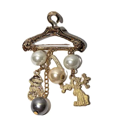 Holiday COAT-HANGER BROOCH (2" x 1½") with Moose, Candy Cane, Faux Pearls and Snowman Dangles on a Gold Tone Setting