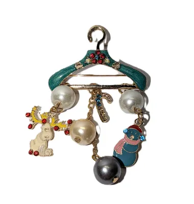 Holiday COAT-HANGER BROOCH (2" x 1½") with Moose, Candy Cane, Faux Pearls and Snowman Dangles on a Gold Tone Setting