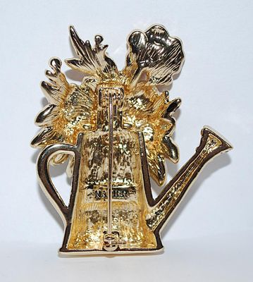 Pink, Gold & Green Flowered Enameled SPRINKLING CAN BROOCH (2" x 2") - Marked "NAPIER" with a Jeweled Spout and...
