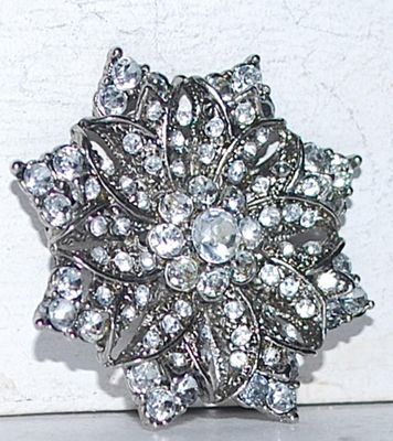 Silver-Colored Bejeweled 8 Petal STAR FLOWER BROOCH (1¾" Diam.) on a Silver Tone Setting