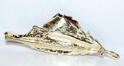 Deep Red & Gold Colored Curled LEAF BROOCH (3½" x 1¼") on a Silver Tone Setting