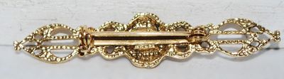 Rounded Rectangle Faux Half Pearl BAR BROOCH (2¼" x ½") with Side Graphic Designed Accents on a Gold Tone Setting