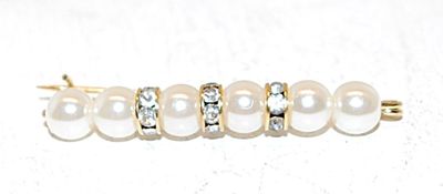 Delicate "Pearls & Diamonds" BROOCH (1¾") with 6 Faux Pearls and 3 Rows of 6 Clear Stones on Gold Tone Wire