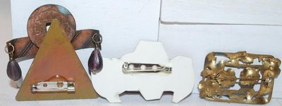 Collection of 3 Assorted BROOCHES - Tin Pumpkin, Rectangle Metal Garden Bouquet & Metal Graphic Design Piece