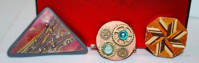Collection of 3 Assorted BROOCHES - Round Gears, Octagon Star & Triangle Graphic Designed Piece