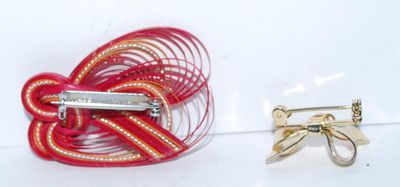 Collection of 2 Assorted BROOCHES - Red Knotted Ribbon and Gold Tone Bowtie