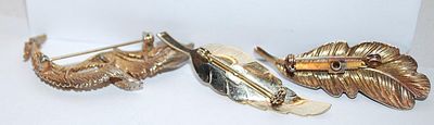Collection of 3 Assorted LEAF BROOCHES - Bronze Style Pearl, Green Stone & Curled Leaves