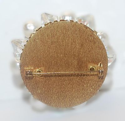 Faux Pearl BROOCH (1¾" Diam.) with Clear Stone "Tips" and Iridescent Prism Beads with Dark Gold Tone Setting